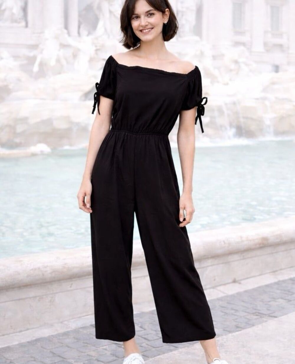 Black Off Shoulder Jumpsuit S Puff Sleeve Wide Leg Culotte Romper Boho Doe Rae